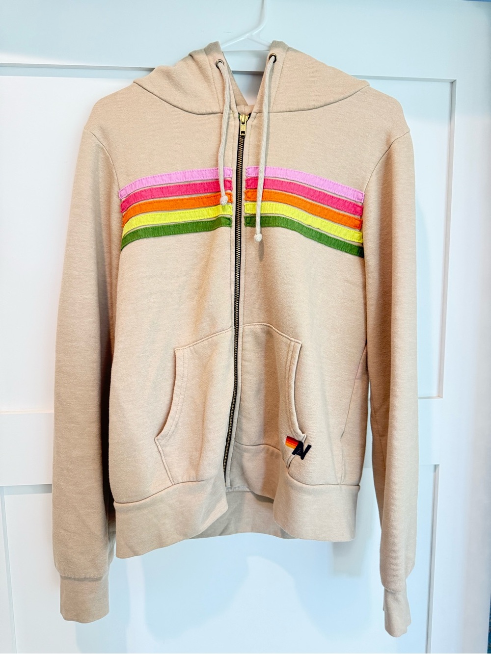 Aviator Nation Tan Hoodie and tan sweatpants with Rainbow Stripe Accents SET - Picture 4 of 9